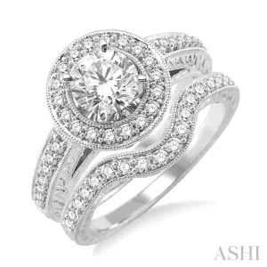 1 1/4 Ctw Diamond Wedding Set with 1 Ctw Round Cut Engagement Ring and 1/4 Ctw Wedding Band in 14K White Gold