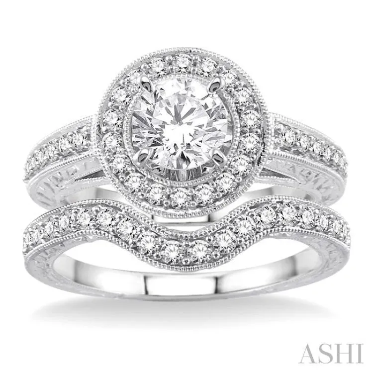 1 1/4 Ctw Diamond Wedding Set with 1 Ctw Round Cut Engagement Ring and 1/4 Ctw Wedding Band in 14K White Gold