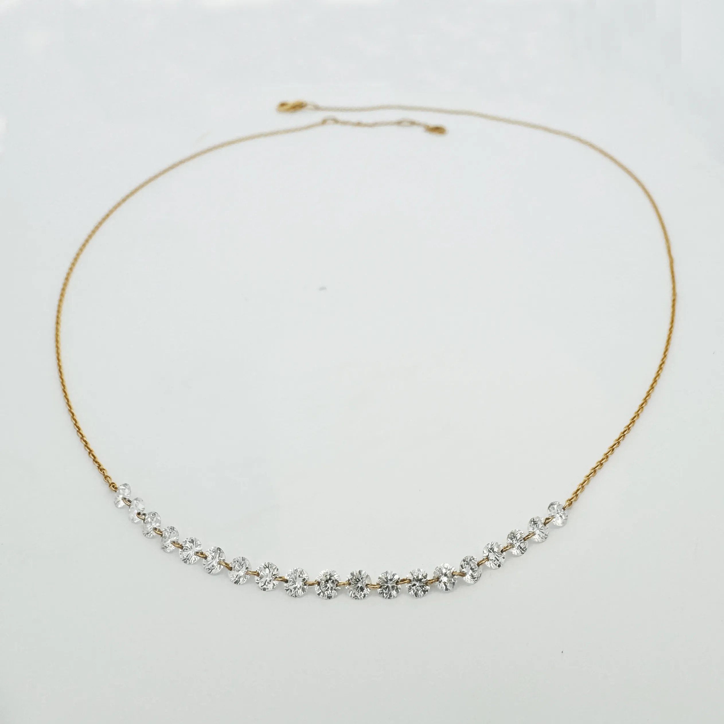 18K Gold Diamond Strand invisible Set Drilled Diamond and Chain Necklace