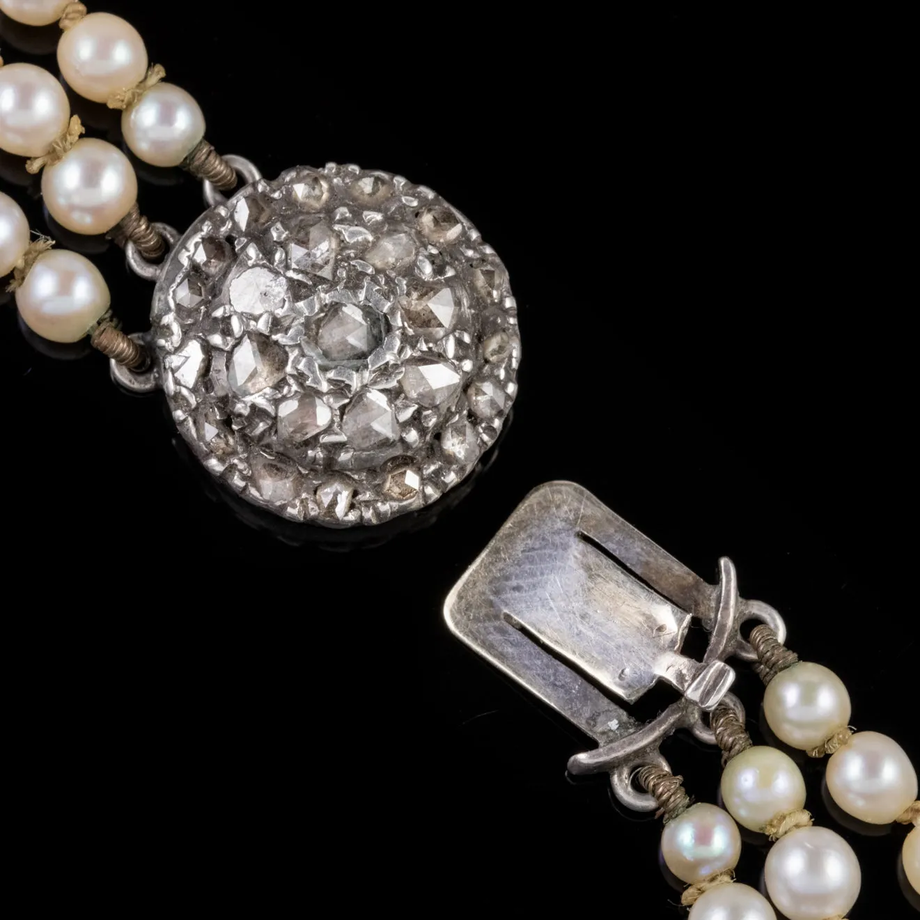 Art Deco Triple Pearl Necklace Georgian Diamond Clasp