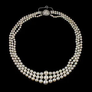 Art Deco Triple Pearl Necklace Georgian Diamond Clasp