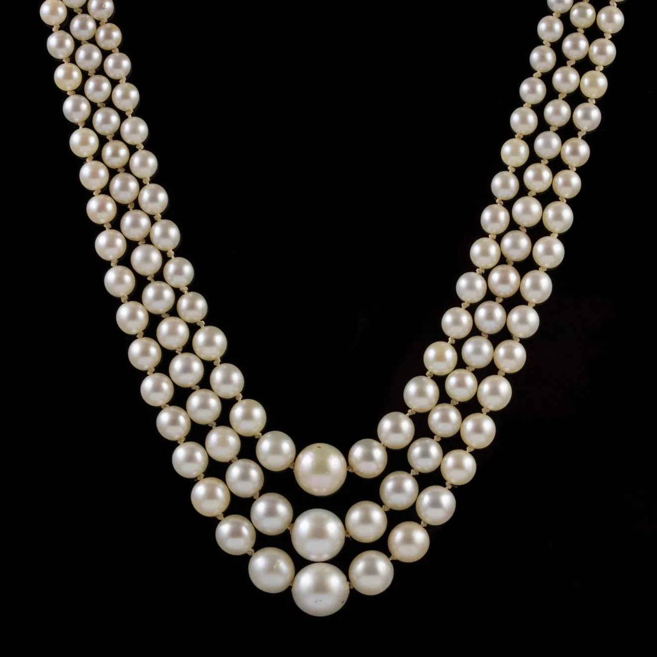 Art Deco Triple Pearl Necklace Georgian Diamond Clasp