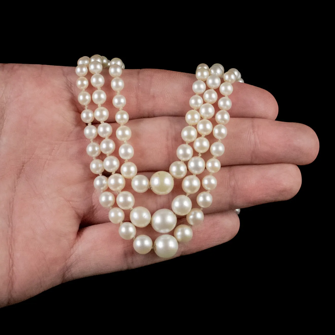 Art Deco Triple Pearl Necklace Georgian Diamond Clasp