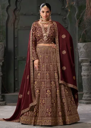 Bridal Maroon Cording Embroidered Georgette Lehenga Choli