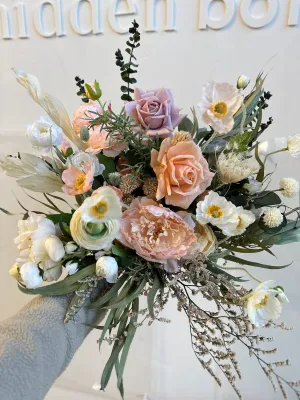 Colourful Dried & Artificial Flowers Bridal Bouquet - Salmon Peach & Green