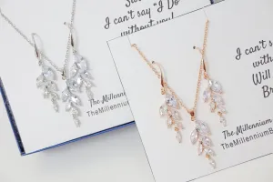 Cubic Zirconia Diamond/ Crystal Leaves, Bridesmaid Jewelry, Bridesmaid Earrings And Necklace, Crystal Earrings, Statement Earrings Cz