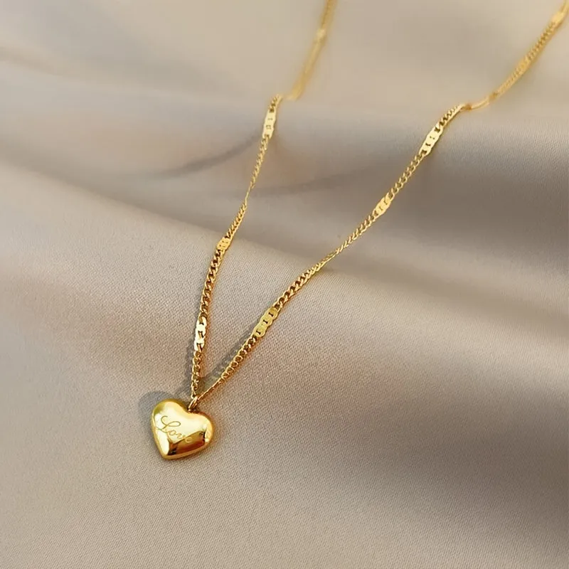 Golden Steel Love Heart Necklace  Trendy Festival Gift