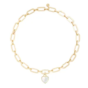 Link Chain Necklace and Mother of Pearl Heart Charm Gold Set