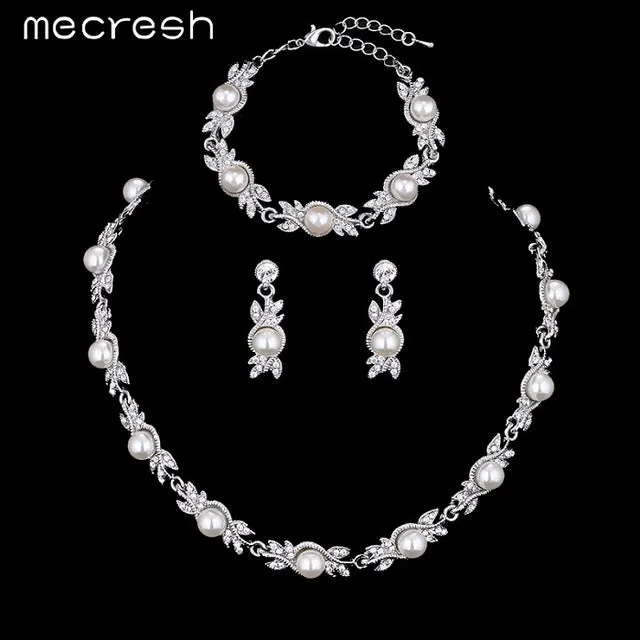 Mecresh Simulated Pearl Bridal Jewelry Sets Silver Color Wedding Necklace Sets Engagement Jewelry Accessories MTL444 MSL197