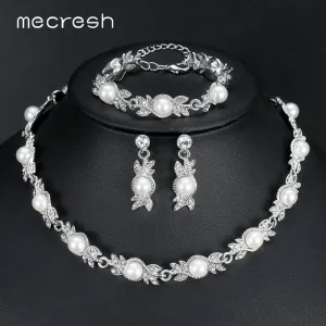 Mecresh Simulated Pearl Bridal Jewelry Sets Silver Color Wedding Necklace Sets Engagement Jewelry Accessories MTL444 MSL197