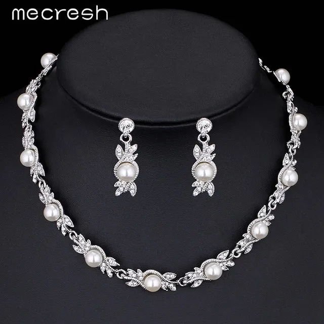 Mecresh Simulated Pearl Bridal Jewelry Sets Silver Color Wedding Necklace Sets Engagement Jewelry Accessories MTL444 MSL197