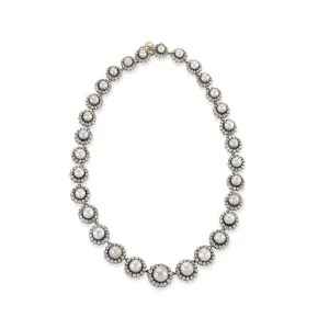 Natural Saltwater Button Pearl and Diamond Necklace