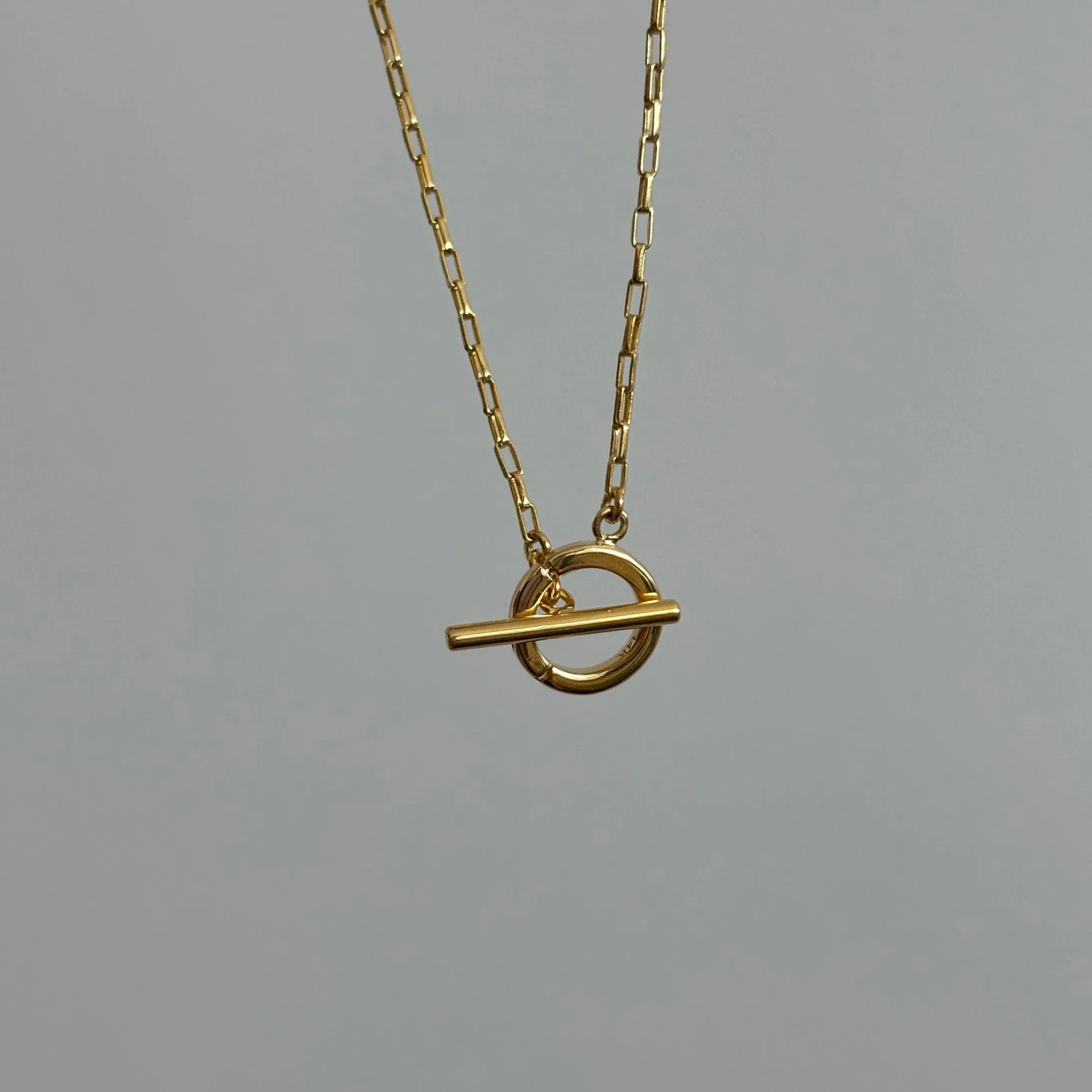 Toggle Bar and Round Charm Connector Necklace, Solid 14k Gold