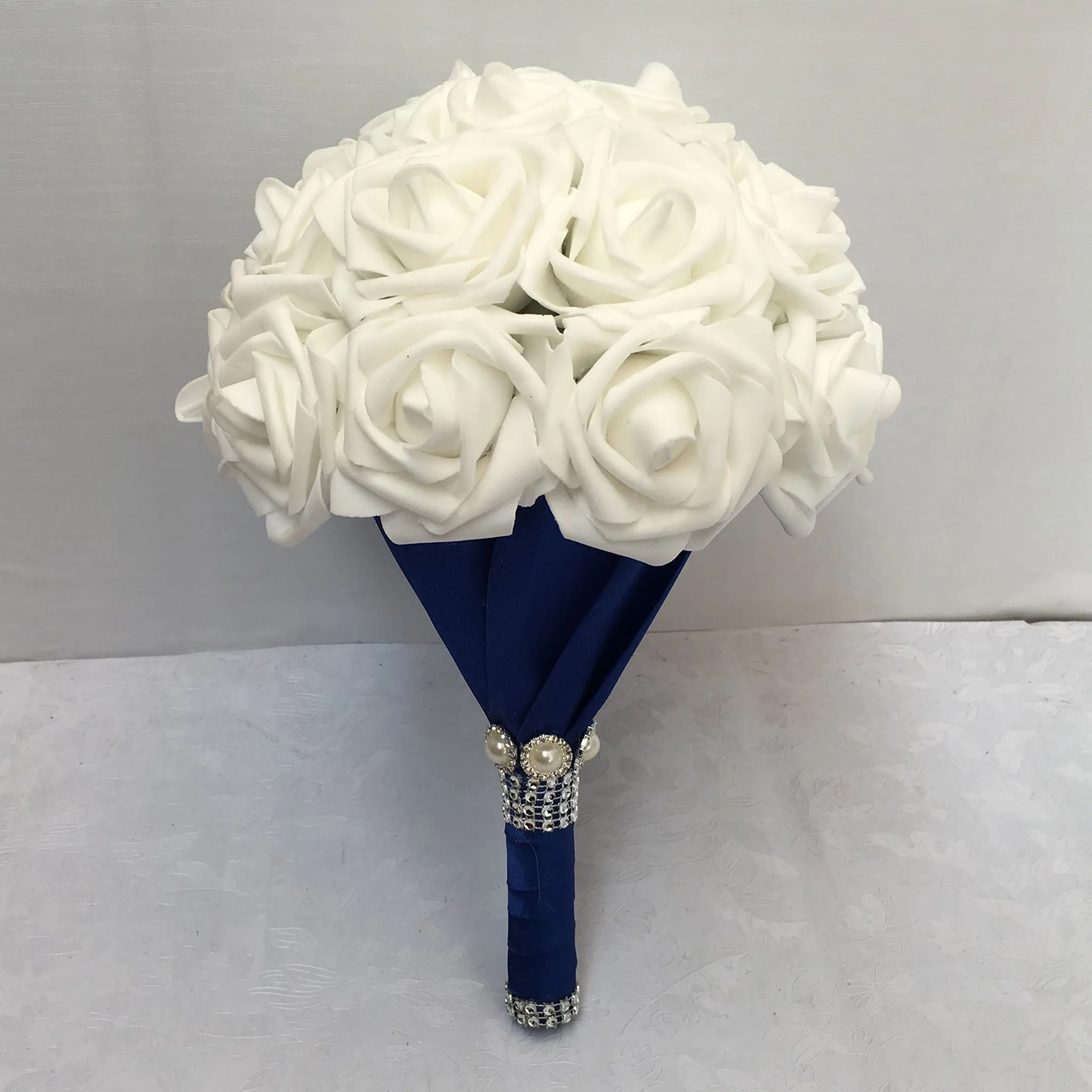 White Rose Bridal Bouquet with Royal Blue Ribbon